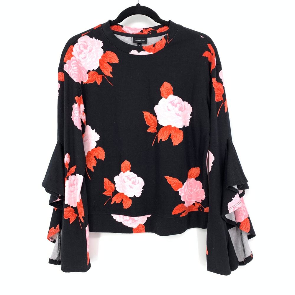 Who What Wear Top Women's Sz Small Ruffle Long Sleeve Floral Print Crew Neck Top